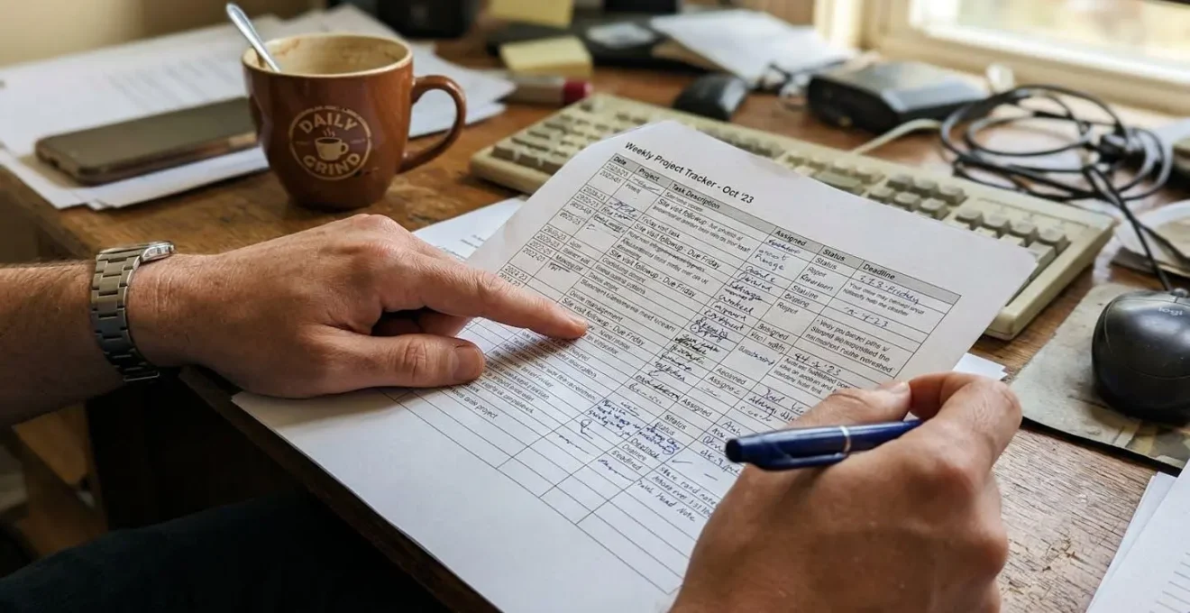 Mains tenant un stylo au-dessus d'un document avec des colonnes, tasse de café visible en arrière-plan dans un bureau réaliste