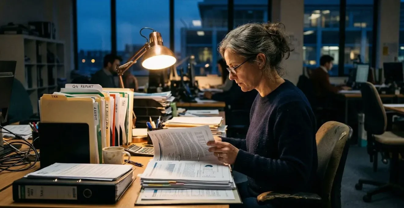 Personne de profil concentrée consultant des documents financiers volumineux dans un bureau encombré de manière réaliste