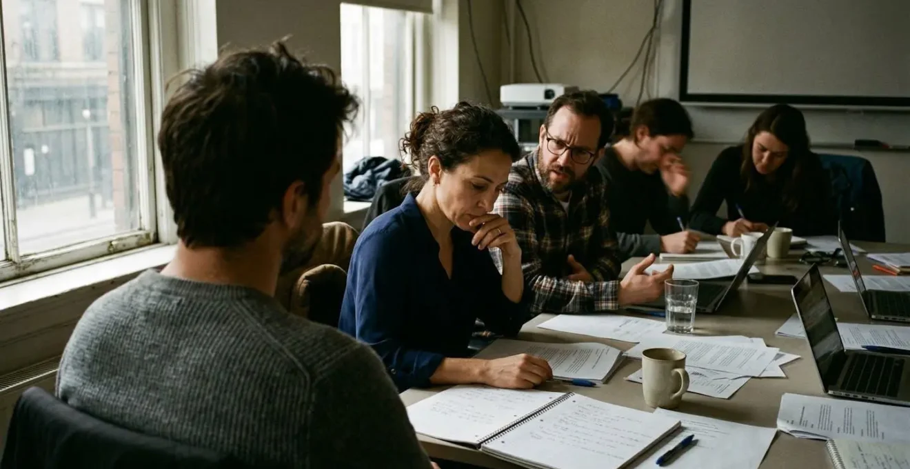 Plusieurs personnes vues de dos autour d'une table de réunion avec des documents éparpillés dans un environnement de bureau