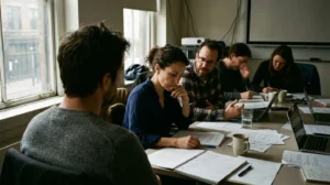 Plusieurs personnes vues de dos autour d'une table de réunion avec des documents éparpillés dans un environnement de bureau