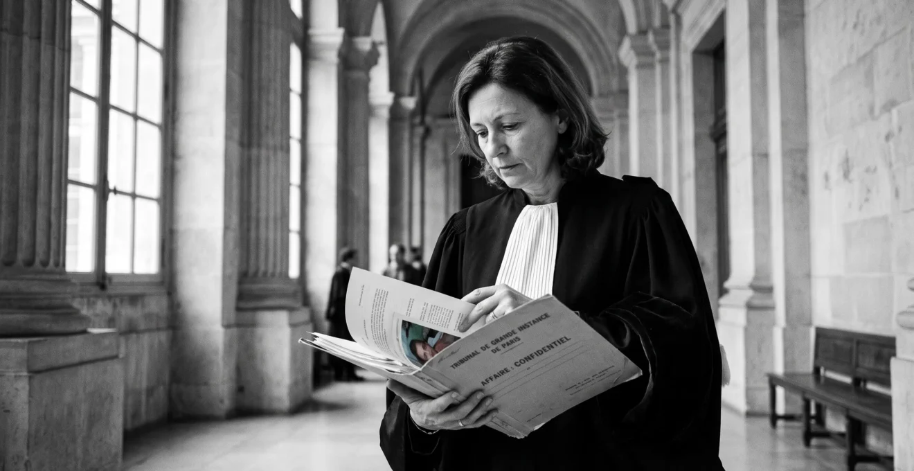 Avocat français en robe noire consultant un dossier juridique dans le couloir d'un palais de justice en préparation d'une audience