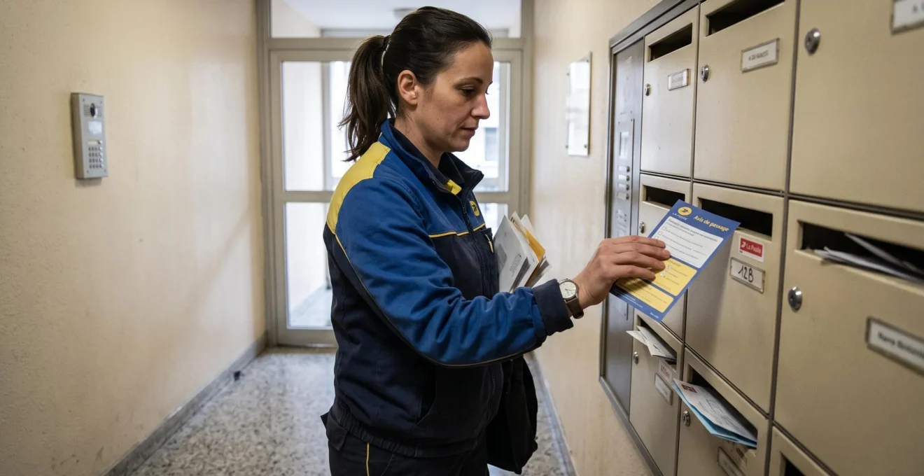 Facteur de La Poste déposant un avis de passage de courrier recommandé dans une boîte aux lettres d'immeuble résidentiel français