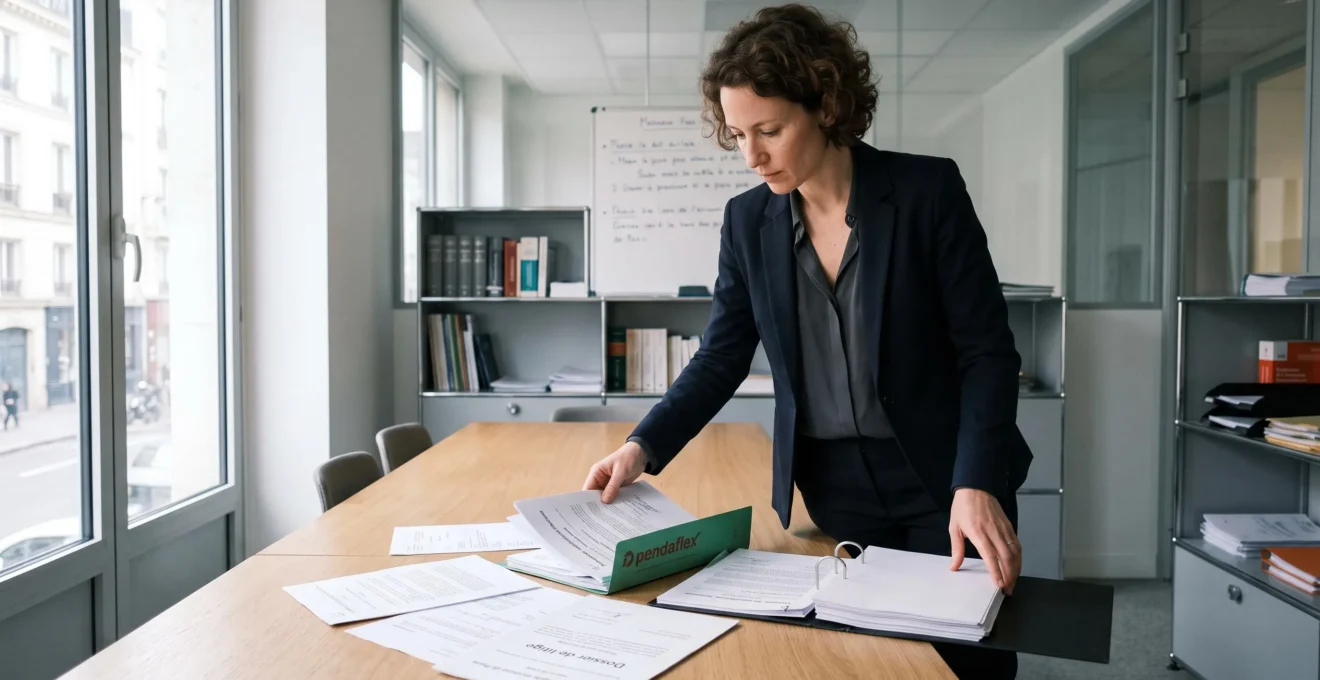 Juriste français debout préparant un dossier contentieux avec des documents de notification sur une table de travail dans un cabinet juridique moderne