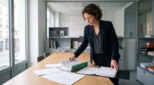 Juriste français debout préparant un dossier contentieux avec des documents de notification sur une table de travail dans un cabinet juridique moderne