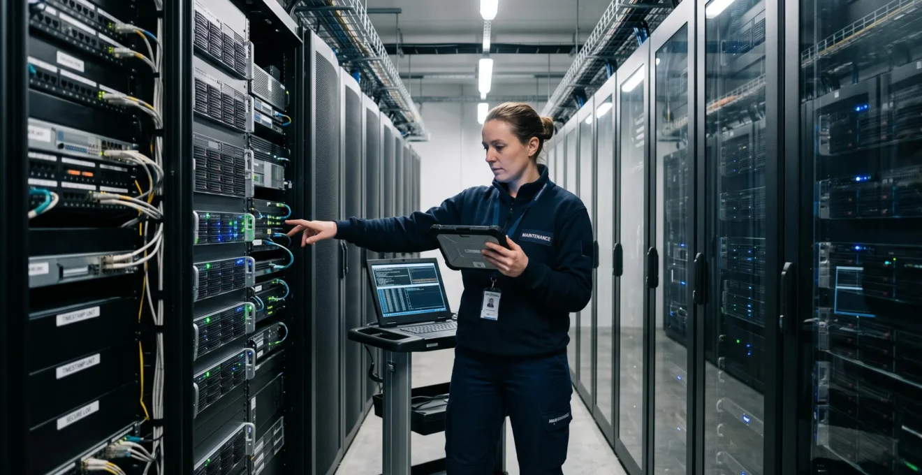 Technicien IT effectuant une vérification technique dans une salle serveur de data center avec infrastructure de certification électronique
